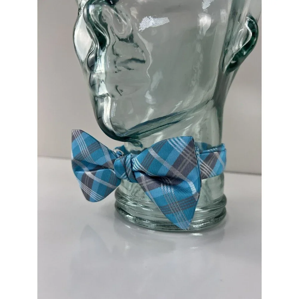 NEW PreTied Grey & Blue Plaid Bow Tie Neck Tie Adjustable Size Ballroom Formal